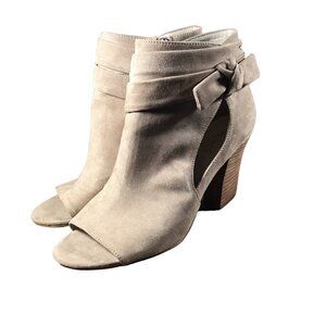 Nine West Women Zytao Booties Shoes 9 1/2 Taupe Velvet Zip Open Toes Chunky Heel